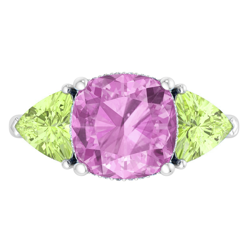 Martha Stewart 8ctw. Cushion Pink Sapphire, Peridot & Lab Grown Diamond Three Stone Ring In Sterling Silver image number null